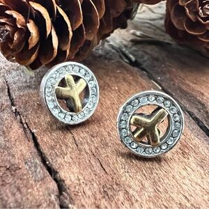 Brighton Round Earrings Love Piece Fine Silver .999 Plated Two Tone Gold Cz
